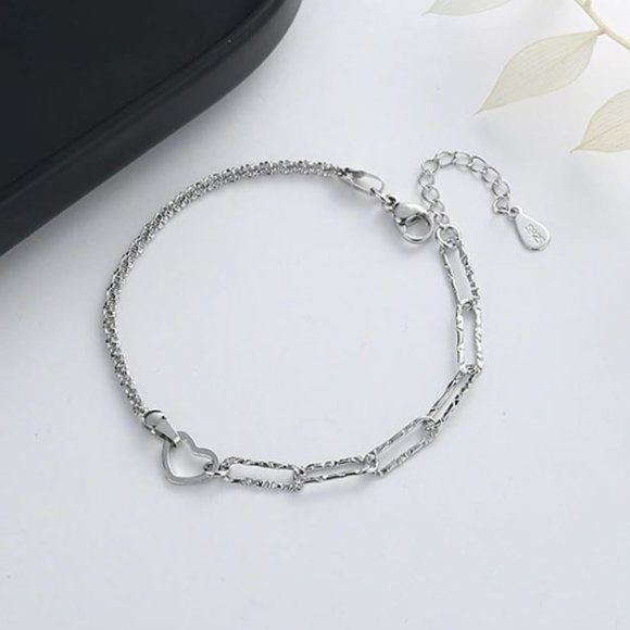 925 Sterling Silver Dainty Heart Chain Link Bracelet - Picture 6 of 8